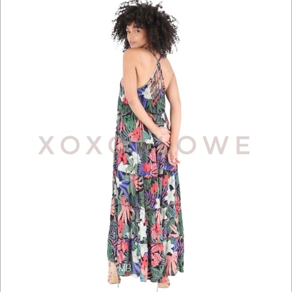Angie Green & Pink Tropical Flower Print Tiered Maxi Dress - Picture 4 of 5